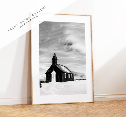 Budir Church Print - Iceland Photography Print - Iceland Wall Art - Iceland Poster - Black and White Photography - Black Church Iceland