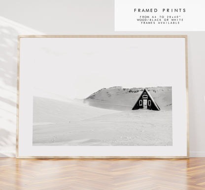 Iceland Print - Iceland Photography Print - Iceland Wall Art - Iceland Poster - Black and White Photography - Landscape - Cabin - House