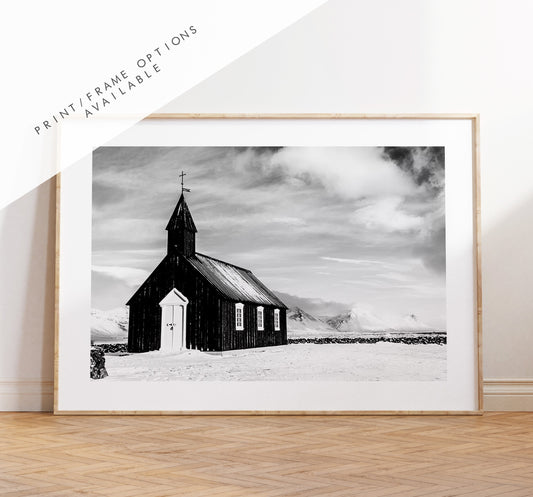 Budir Church Print - Iceland Photography Print - Iceland Wall Art - Iceland Poster - Black and White Photography - Landscape - Black Church