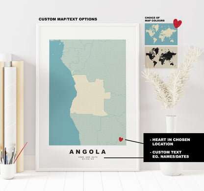 Angola Map Print - Personalised Map Gift - Framed or Canvas Options Available - Custom Text Options - Personalised Gift - Africa