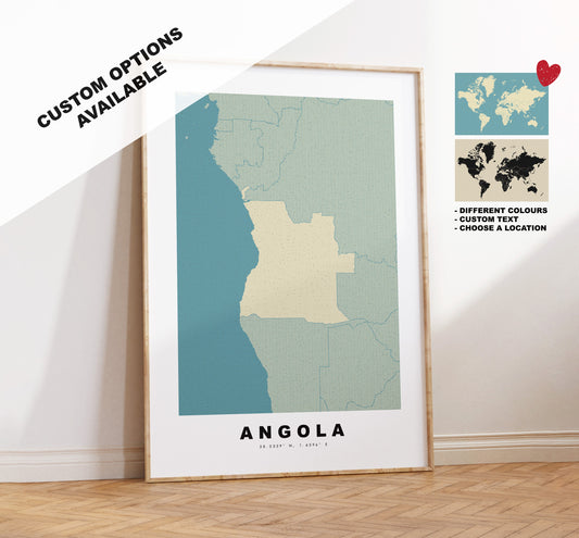 Angola Map Print - Personalised Map Gift - Framed or Canvas Options Available - Custom Text Options - Personalised Gift - Africa