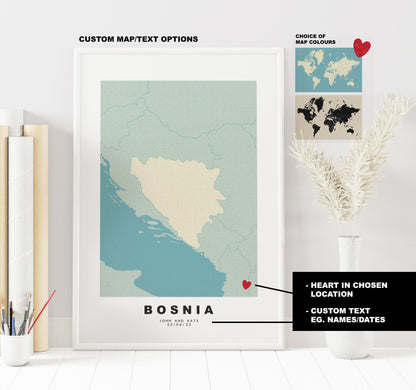 Bosnia Map Print - Personalised Map Gift - Framed or Canvas Options Available - Custom Text Options - Personalised Gift - Europe