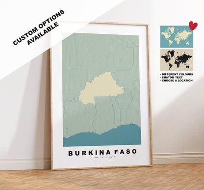 Burkina Faso Map Print - Personalised Map Gift - Framed or Canvas Options Available - Custom Text Options - Personalised Gift - Africa