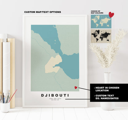 Djibouti Map Print - Personalised Map Gift - Framed or Canvas Options Available - Custom Text Options - Personalised Gift - Africa