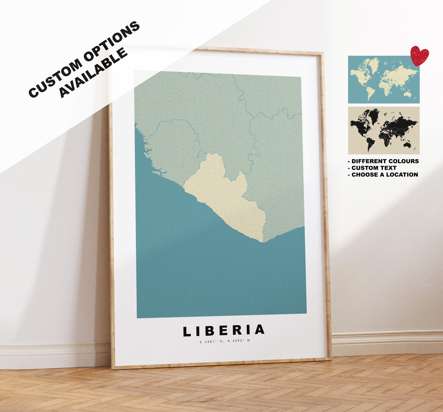 Liberia Map Print - Personalised Map Gift - Framed or Canvas Options Available - Custom Text Options - Personalised Gift - Africa