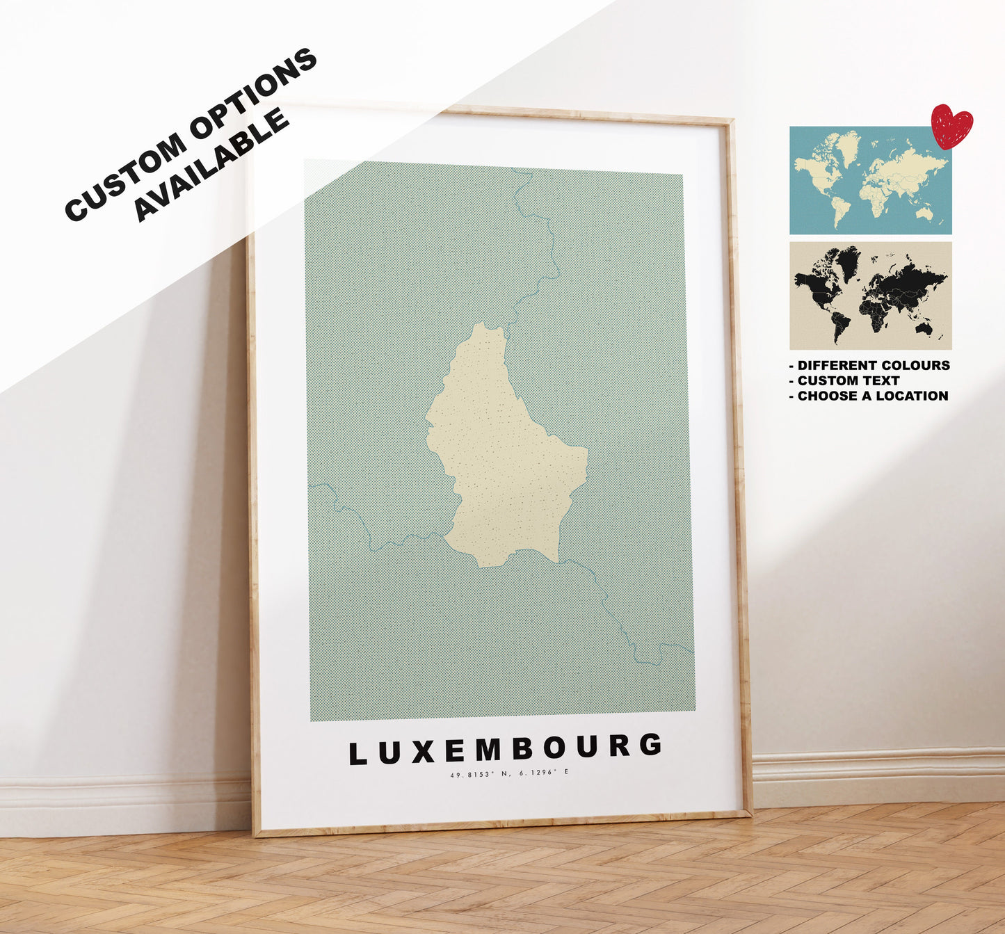 Luxembourg Map Print - Personalised Map Gift - Framed or Canvas Options Available - Custom Text Options - Personalised Gift - Europe