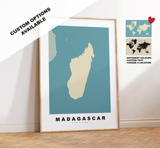 Madagascar Map Print - Personalised Map Gift - Framed or Canvas Options Available - Custom Text Options - Personalised Gift - Africa