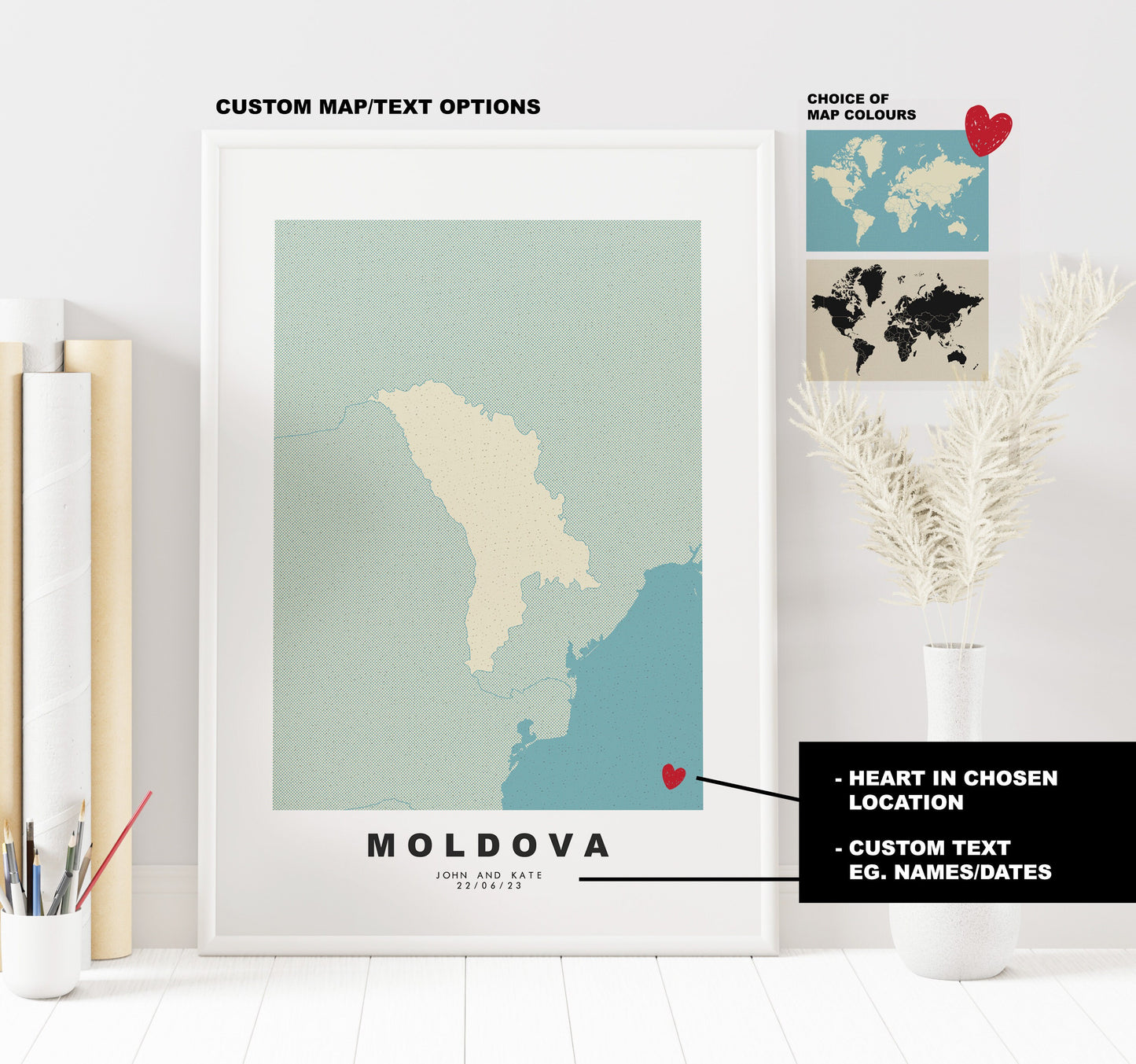 Moldova Map Print - Personalised Map Gift - Framed or Canvas Options Available - Custom Text Options - Personalised Gift - Europe