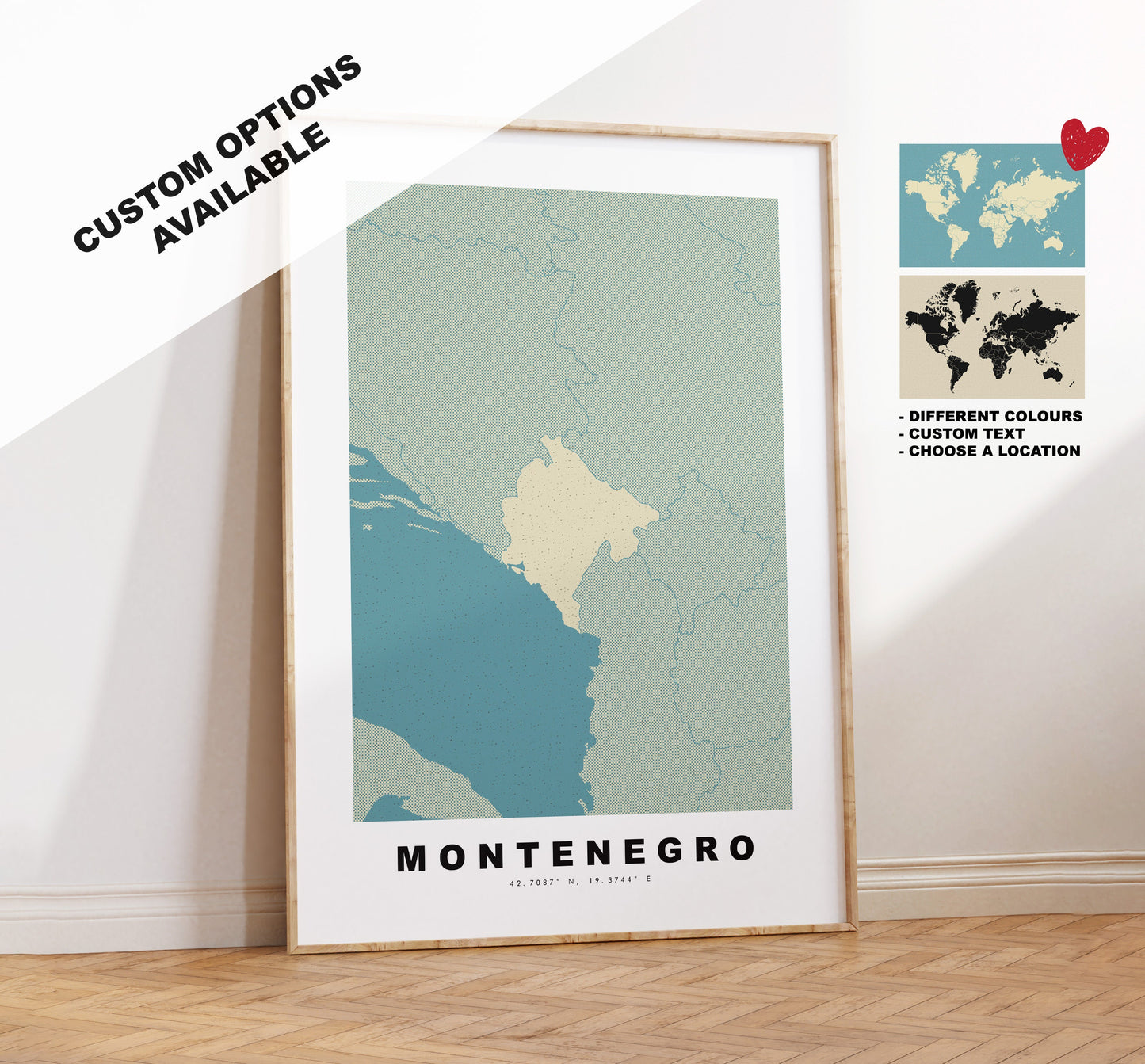 Montenegro Map Print - Personalised Map Gift - Framed or Canvas Options Available - Custom Text Options - Personalised Gift - Europe