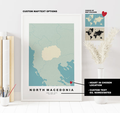 North Macedonia Map Print - Personalised Map Gift - Framed or Canvas Options Available - Custom Text Options - Personalised Gift - Europe