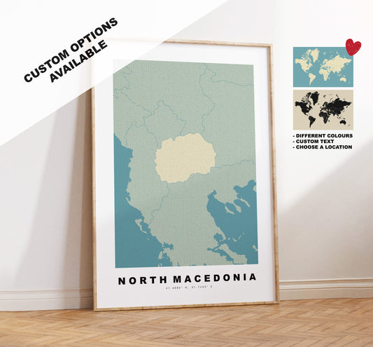 North Macedonia Map Print - Personalised Map Gift - Framed or Canvas Options Available - Custom Text Options - Personalised Gift - Europe