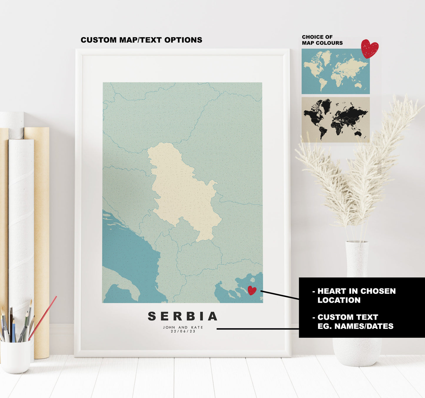 Serbia Map Print - Personalised Map Gift - Framed or Canvas Options Available - Custom Text Options - Personalised Gift - Europe