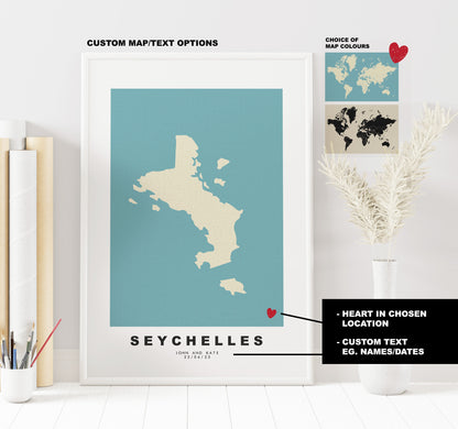 Seychelles Map Print - Personalised Map Gift - Framed or Canvas Options Available - Custom Text Options - Personalised Gift - Africa