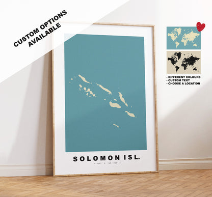 Soloman Islands Map Print - Personalised Map Gift - Framed or Canvas Options Available - Custom Text Options - Personalised Gift - Oceania