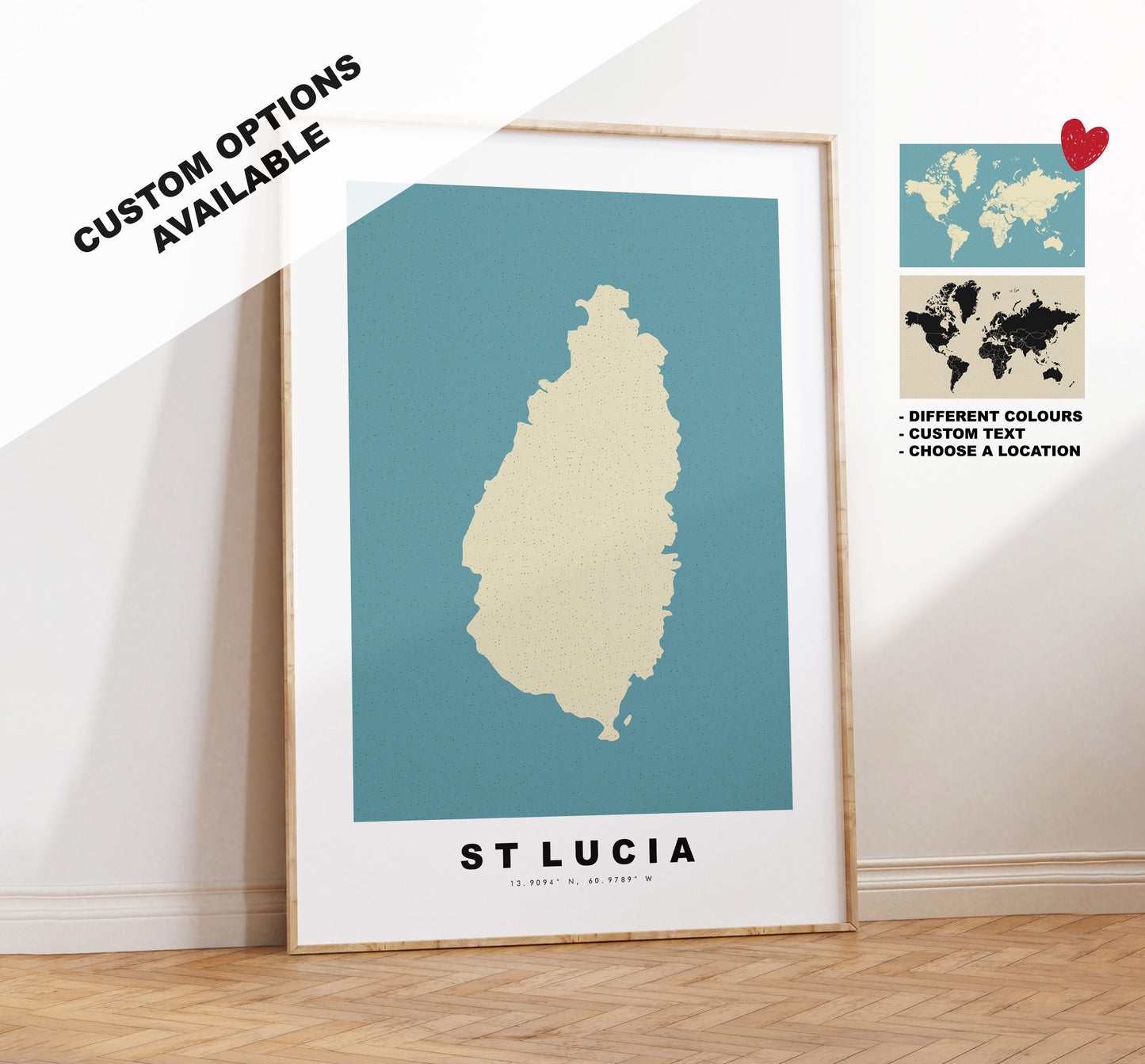 Saint Lucia Map Print - Personalised Map Gift - Framed or Canvas Options Available - Custom Text Options - Personalised Gift - Caribbean