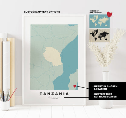 Tanzania Map Print - Personalised Map Gift - Framed or Canvas Options Available - Custom Text Options - Personalised Gift - Africa