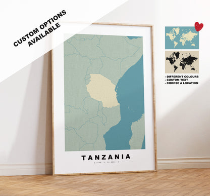 Tanzania Map Print - Personalised Map Gift - Framed or Canvas Options Available - Custom Text Options - Personalised Gift - Africa