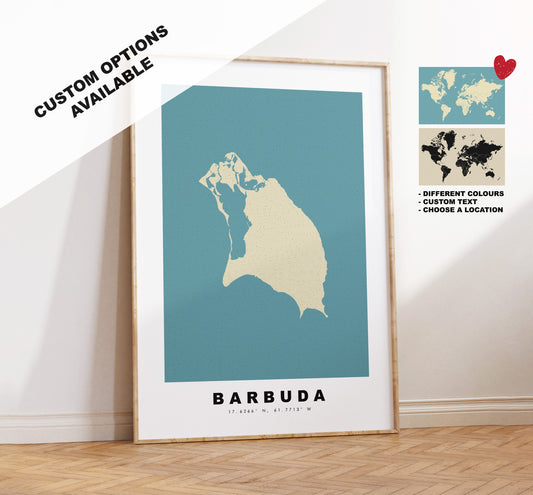 Barbuda Map Print - Personalised Map Gift - Framed or Canvas Options Available - Custom Text Options - Personalised Gift - Caribbean