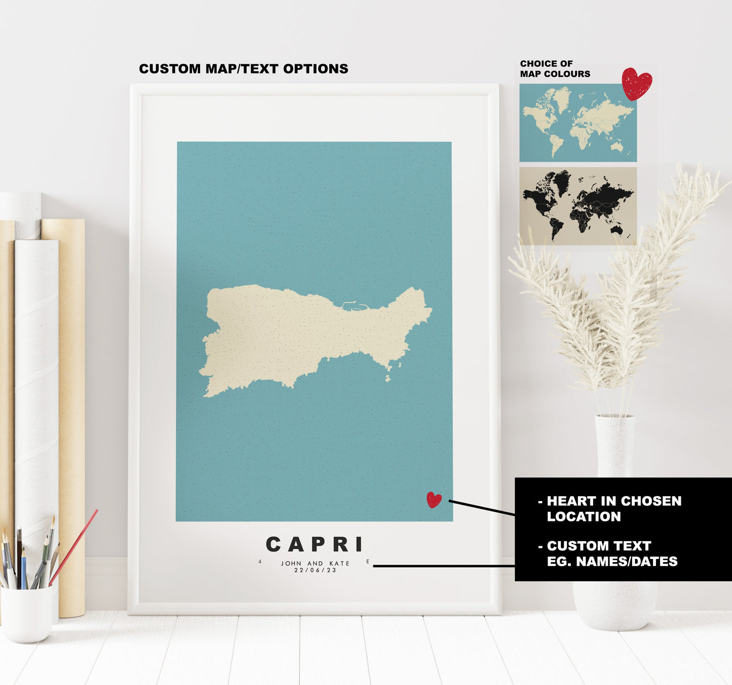 Capri Map Print - Personalised Map Gift - Framed or Canvas Options Available - Custom Text Options - Personalised Gift - Italy & Islands