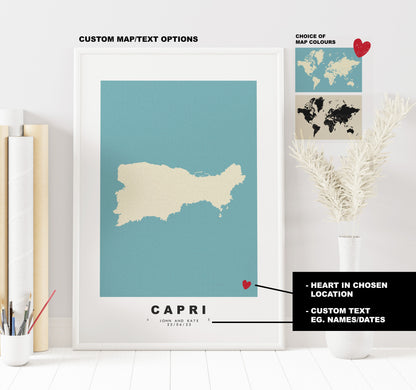 Capri Map Print - Personalised Map Gift - Framed or Canvas Options Available - Custom Text Options - Personalised Gift - Italy & Islands