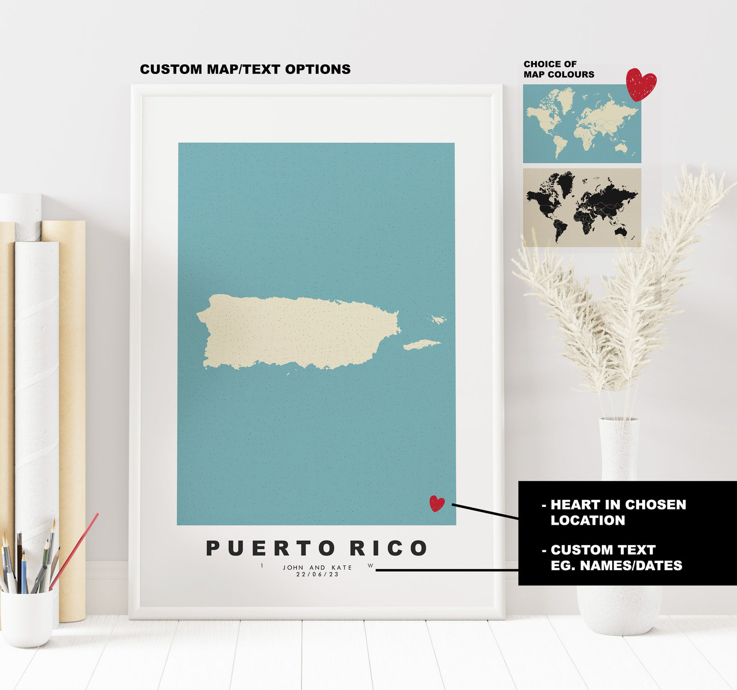 Puerto Rico Map Print - Personalised Map Gift - Framed or Canvas Options Available - Custom Text Options - Personalised Gift - US States & Islands - Caribbean