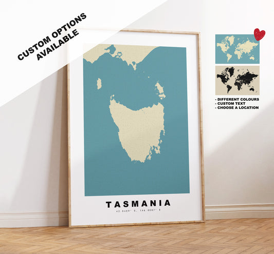 Tasmania Map Print - Personalised Map Gift - Framed or Canvas Options Available - Custom Text Options - Personalised Gift - Oceania