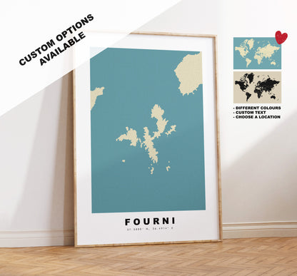 Fourni Map Print - Personalised Map Gift - Framed or Canvas Options Available - Custom Text Options - Personalised Gift - Greece & Islands