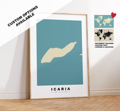 Icaria Map Print - Personalised Map Gift - Framed or Canvas Options Available - Custom Text Options - Personalised Gift - Greece & Islands