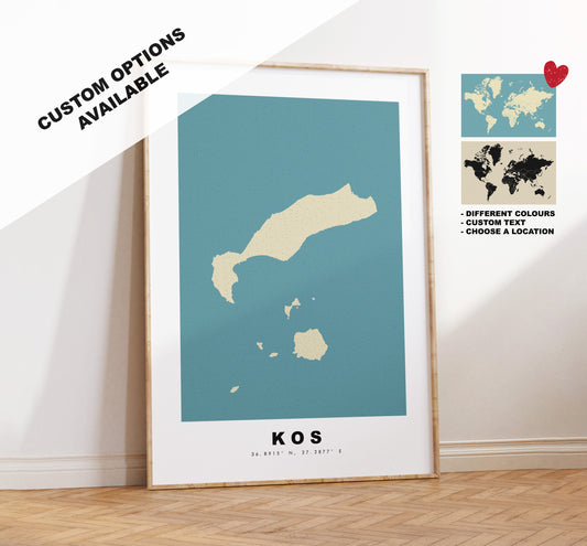 Kos Map Print - Personalised Map Gift - Framed or Canvas Options Available - Custom Text Options - Personalised Gift - Greece & Islands