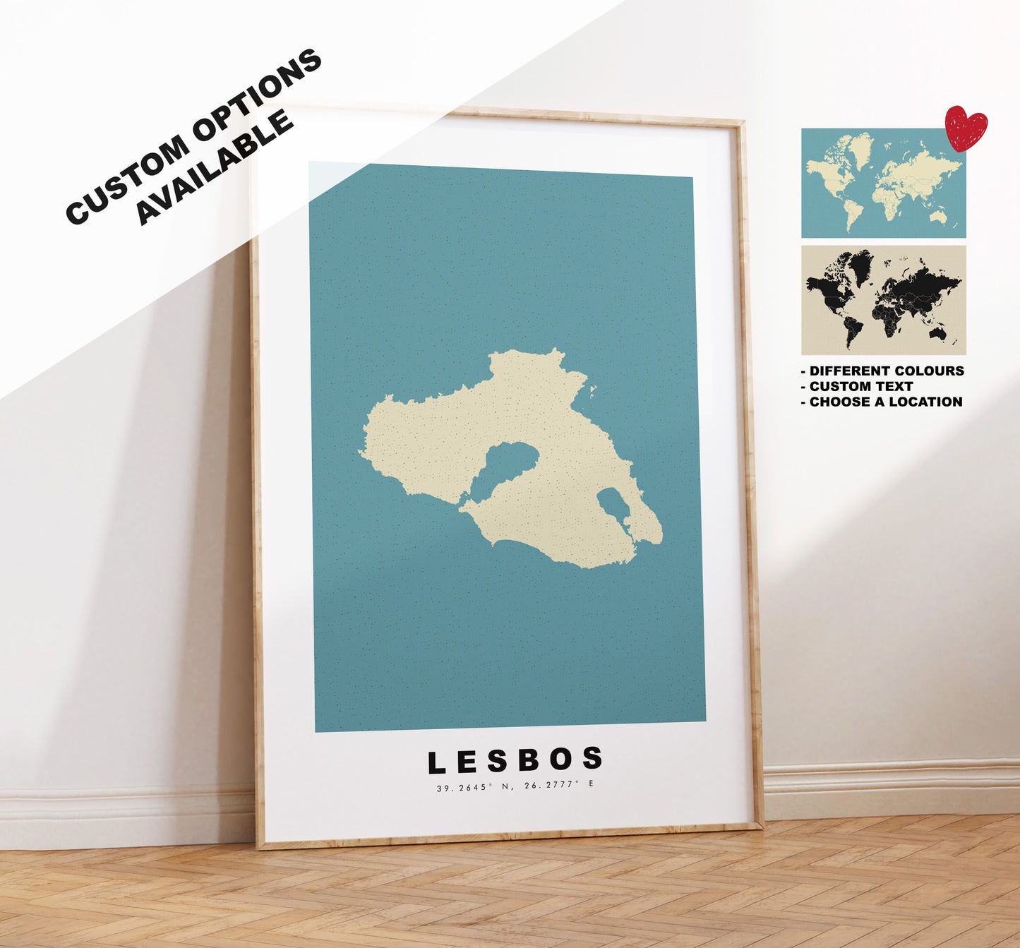 Lesbos Map Print - Personalised Map Gift - Framed or Canvas Options Available - Custom Text Options - Personalised Gift - Greece & Islands