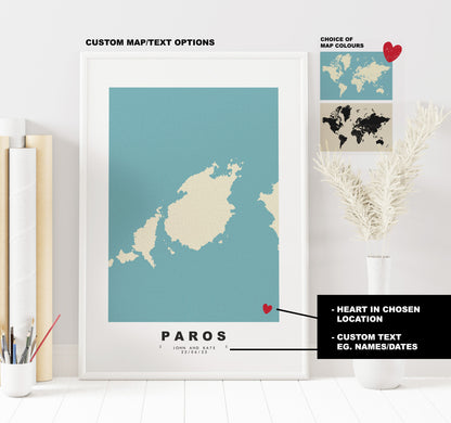 Paros Map Print - Personalised Map Gift - Framed or Canvas Options Available - Custom Text Options - Personalised Gift - Greece & Islands