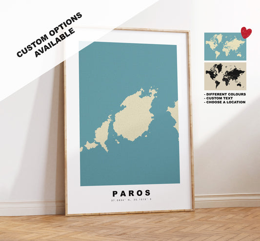 Paros Map Print - Personalised Map Gift - Framed or Canvas Options Available - Custom Text Options - Personalised Gift - Greece & Islands