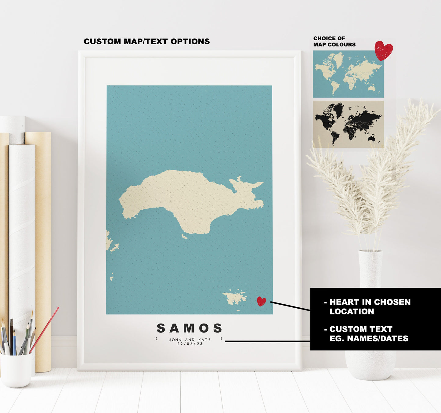 Samos Map Print - Personalised Map Gift - Framed or Canvas Options Available - Custom Text Options - Personalised Gift - Greece & Islands