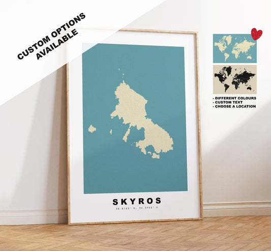 Skyros Map Print - Personalised Map Gift - Framed or Canvas Options Available - Custom Text Options - Personalised Gift-  Greece & Islands