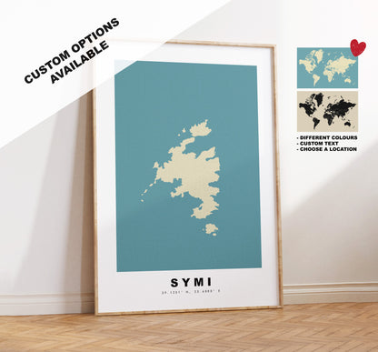 Symi Map Print - Personalised Map Gift - Framed or Canvas Options Available - Custom Text Options - Personalised Gift - Greece & Islands