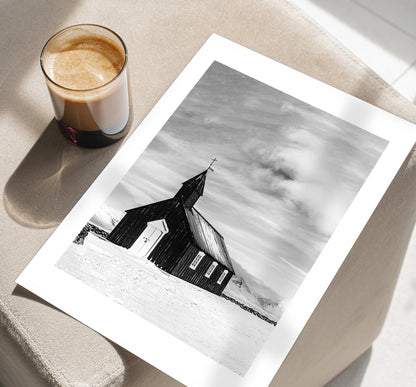 Budir Church Print - Iceland Photography Print - Iceland Wall Art - Iceland Poster - Black and White Photography - Black Church Iceland