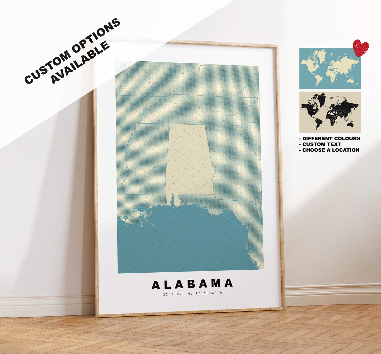 Alabama Map Print - Personalised Map Gift - Framed or Canvas Options Available - Custom Text Options - Personalised Gift - US States & Islands