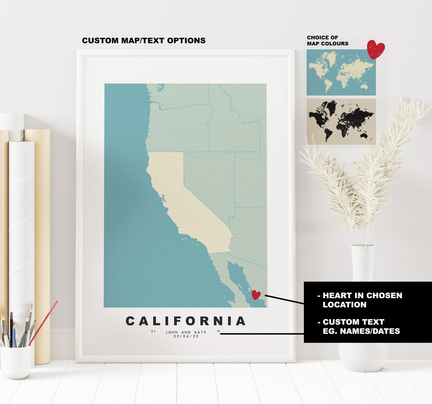 California Map Print - Personalised Map Gift - Framed or Canvas Options Available - Custom Text Options - Personalised Gift - US States & Islands