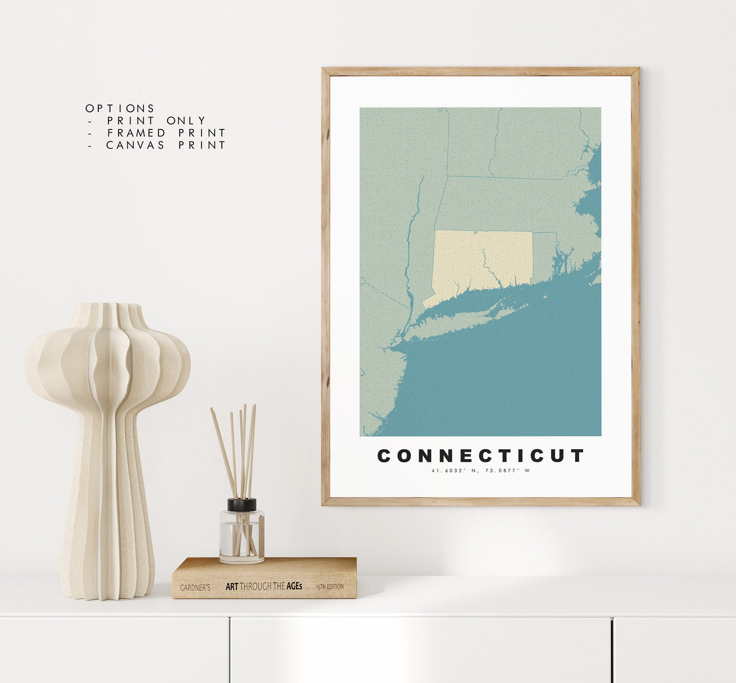 Connecticut Map Print - Personalised Map Gift - Framed or Canvas Options Available - Custom Text Options - Personalised Gift - US States & Islands