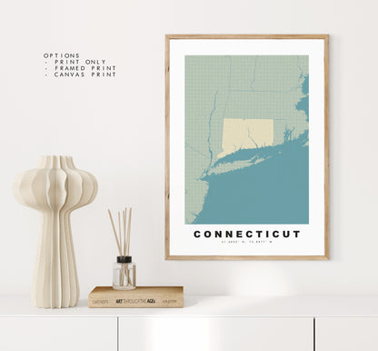 Connecticut Map Print - Personalised Map Gift - Framed or Canvas Options Available - Custom Text Options - Personalised Gift - US States & Islands