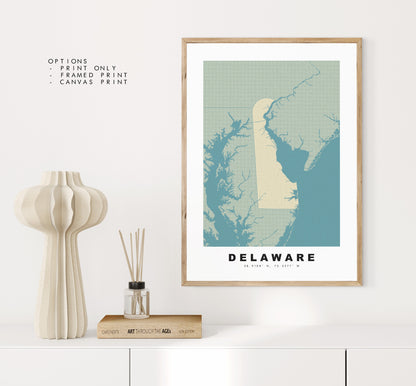 Delaware Map Print - Personalised Map Gift - Framed or Canvas Options Available - Custom Text Options - Personalised Gift - US States & Islands