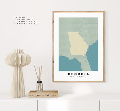 Georgia State Map Print - Personalised Map Gift - Framed or Canvas Options Available - Custom Text Options - Personalised Gift - US States & Islands