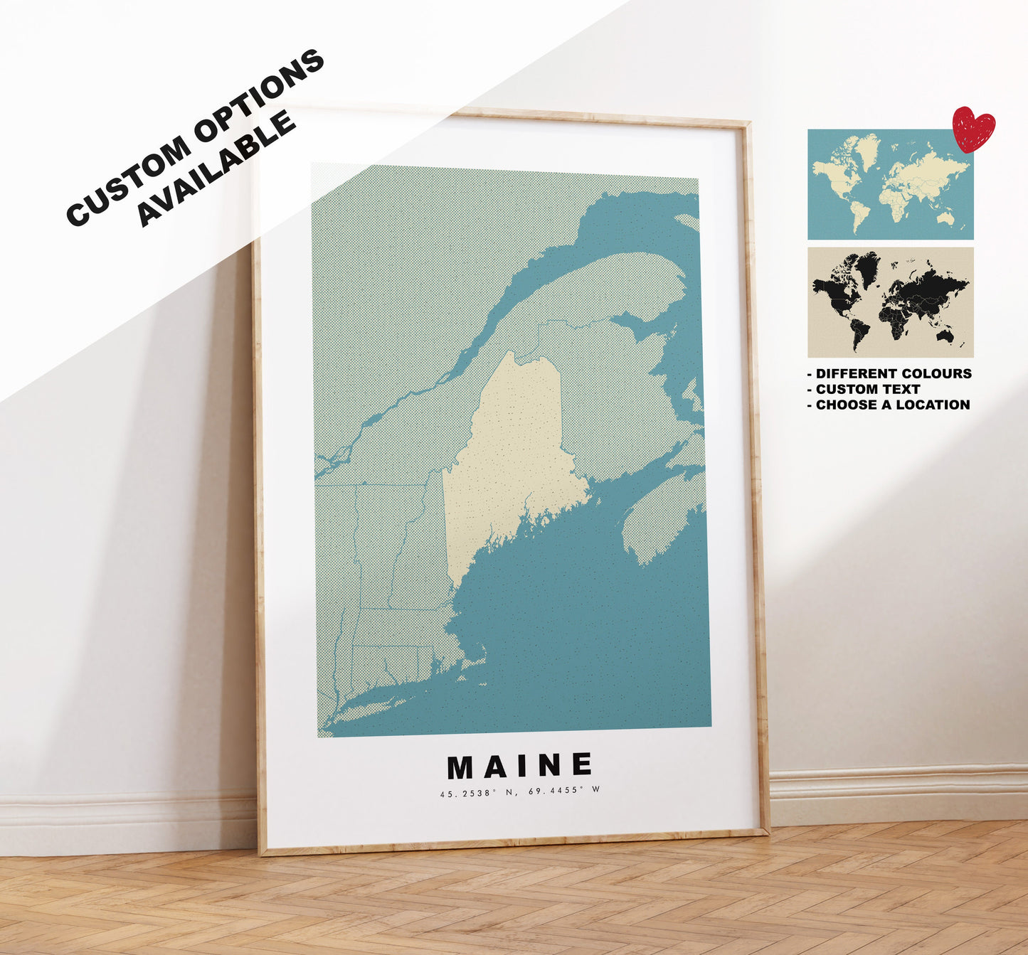 Maine Map Print - Personalised Map Gift - Framed or Canvas Options Available - Custom Text Options - Personalised Gift - US States & Islands