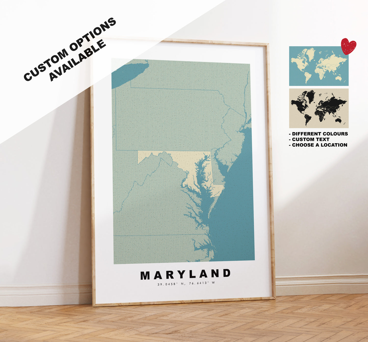 Maryland Map Print - Personalised Map Gift - Framed or Canvas Options Available - Custom Text Options - Personalised Gift - US States & Islands