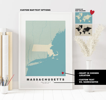 Massachusetts Map Print - Personalised Map Gift - Framed or Canvas Options Available - Custom Text Options - Personalised Gift - US States & Islands