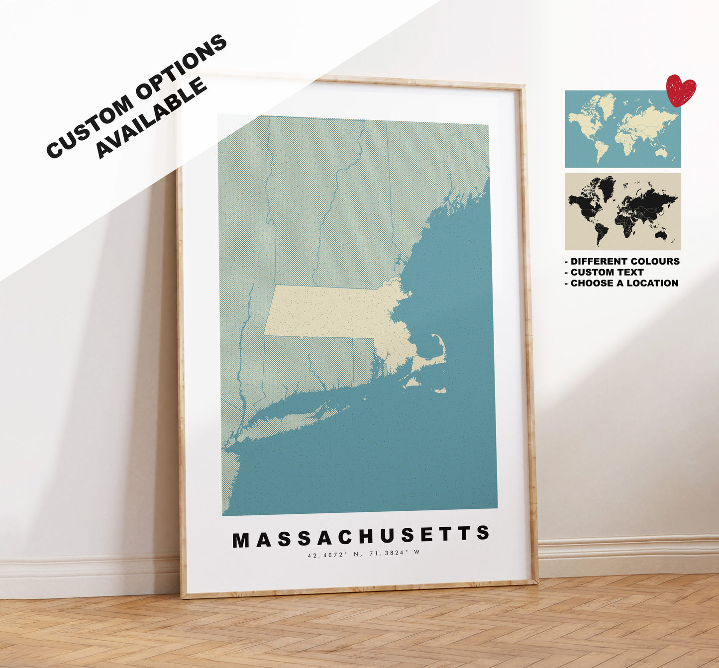 Massachusetts Map Print - Personalised Map Gift - Framed or Canvas Options Available - Custom Text Options - Personalised Gift - US States & Islands