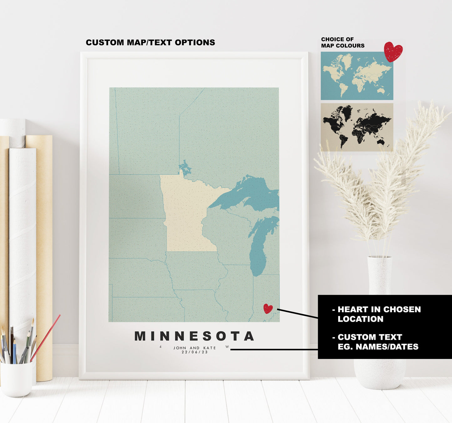 Minnesota Map Print - Personalised Map Gift - Framed or Canvas Options Available - Custom Text Options - Personalised Gift - US States & Islands