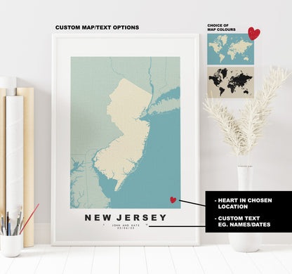 New Jersey Map Print - Personalised Map Gift - Framed or Canvas Options Available - Custom Text Options - Personalised Gift - US States & Islands