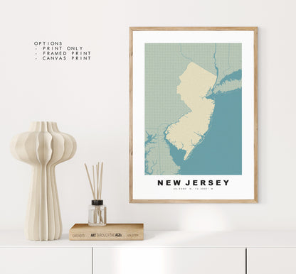 New Jersey Map Print - Personalised Map Gift - Framed or Canvas Options Available - Custom Text Options - Personalised Gift - US States & Islands