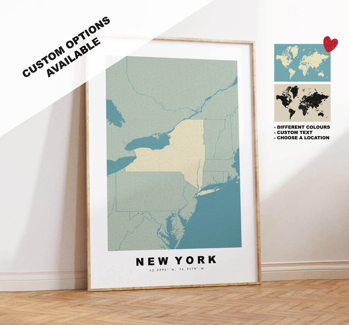 New York State Map Print - Personalised Map Gift - Framed or Canvas Options Available - Custom Text Options - Personalised Gift - US States & Islands